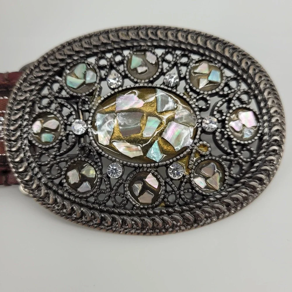 Womens Brown Leather Western Belt XL Silver Embroidered Mosaic Boho Eclectic